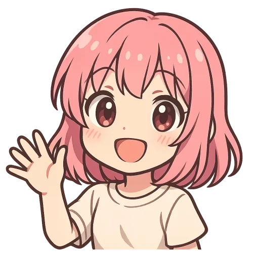 Cute anime-style girl emote, waving hand and smiling warmly, pink hair, big expressive eyes, transparent background, cell‑shading style, high‑resolution, suitable for Twitch emote