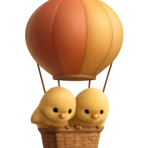 On a transparent background Realistic and animated style Two small 3D chicks, realistic and animated They are in a hot air balloon and looking down They are cute