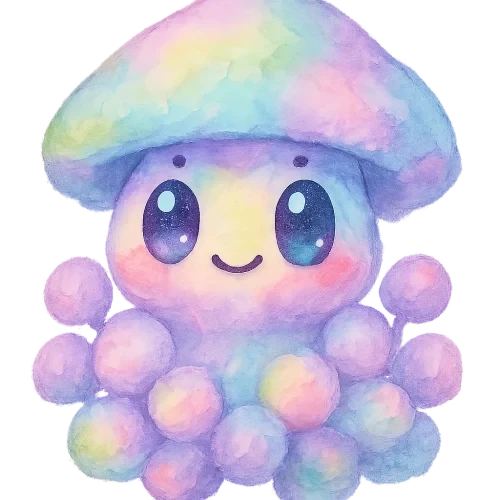 rich vibrant watercolor illustration, kawaii microbiology character, fluffy pastel rainbow mushroom mold buddy with round puffy hyphae clusters, cap-like top in soft blending mint green lavender sky blue and cotton-candy pink, big shiny oval eyes with pale blue and pale pink highlight reflections that stay visible on transparency, tiny dot eyebrows, small smiling mouth, rosy cheeks, soft diffuse edges, no text, no border, transparent background