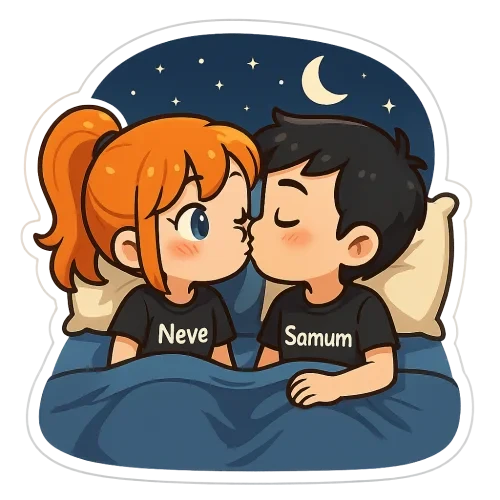 Cute cartoon couple, girl with orange hair and blue eyes wearing black pijama with "Neve", boy with black hair and brown eyes wearing pijama in the bed black pijama with "Samum", kissing in the bed in the night, sweet couple sticker style, transparent background, 512x512