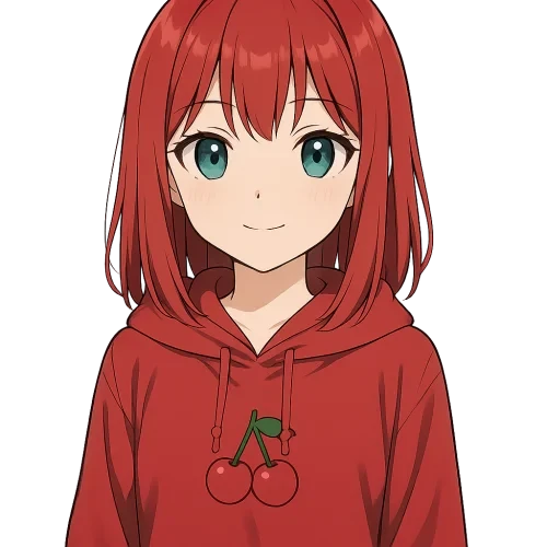 a 2D digital anime-style illustration of a young Japanese girl with medium-length straight red hair, greenish-blue eyes, wearing a red hoodie with a cherry symbol in the center, neutral lighting, clean line art, proportional head and body, cute expression, high detail, soft shadows, vibrant colors, transparent background