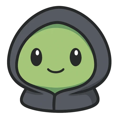 2D digital illustration of a Digimon-baby–inspired blob character, eyes open, mouth closed, head-only, rounded green blob face, dark gray hoodie hood framing the head, no limbs, no torso, cute chibi monster style, simple shapes, thick clean outlines, flat colors with subtle shading, centered composition, transparent background, high resolution, sharp edges, no blur, clear silhouette, vector-like clarity, PNG-style asset, no background, alpha channel, transparent PNG