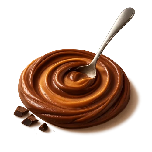 A realistic, appetizing swirl of chocolate peanut butter in rich cocoa-brown and warm nutty tones, with a shiny metallic spoon gently dipped into the swirl. The texture appears smooth, velvety, and indulgent with natural glossy highlights. Add a few small, subtle chocolate pieces or shavings resting softly near the swirl to hint at real chocolate flavor — elegant, not messy. Soft, warm studio lighting for a cozy premium feel. Include a gentle shadow underneath to make the swirl and spoon look naturally grounded, as if resting on the label surface. No background, no bowl, no container — transparent PNG, centered composition, photorealistic detail, artisanal food photography style.