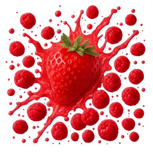 generate splash png images for STRAWBERRY & RASPBERRY with more splash and tiny fruits everywhere