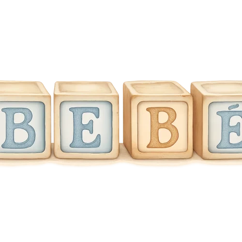 watercolor vintage wooden toy blocks spelling BEBÉ, four blocks aligned, light wood texture, pastel blue beige and brown colors, soft shadows, warm cozy baby shower style, transparent background, elegant and cute, high quality