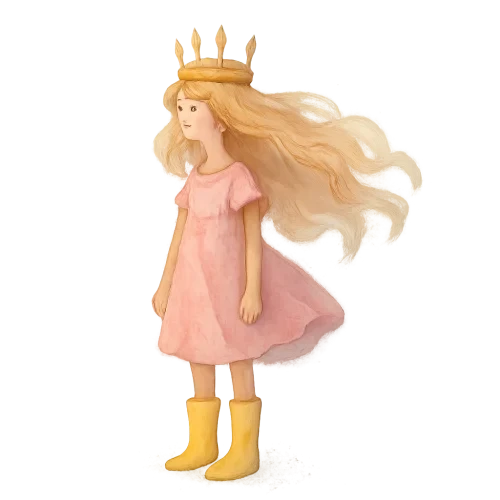 A young girl wearing a pink dress and yellow rain boots with flowing  blonde hair and delicate crown, standing in misty light, hand-painted watercolor style inspired by Child of Light, soft gradients, ethereal atmosphere, fantasy illustration, transparent background.
