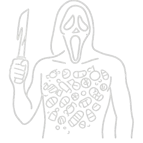 a white outline of Ghostface with a bloody knife, bare chest covered in halloween candies, transparent background
