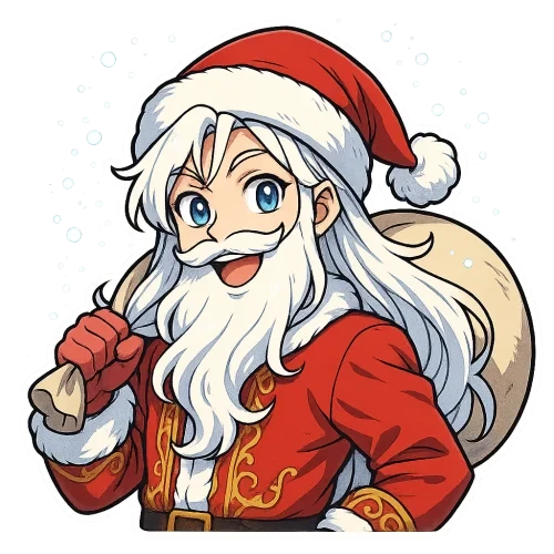 Cute handsome anime Santa Claus in comic style, upper body shot, full Santa hat visible, long silky white hair, fluffy beard, stylish red coat with golden embroidery, holding a large Christmas gift bag over his shoulder, cheerful and playful expression, bright expressive anime eyes, sparkling snow around, vibrant colors, clean detailed lineart, high-resolution 3000x3000 px, sticker-friendly composition, transparent background, comic illustration style