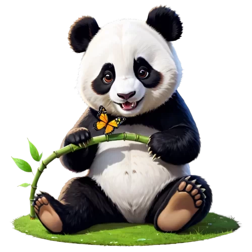 a PNG picture,a cute panda sitting in the ground,   merry chrismas style  ,eatting bamboo, some colorful butterfly, cute and beauty,  full with create  ,colorful ,funful and joyful ,