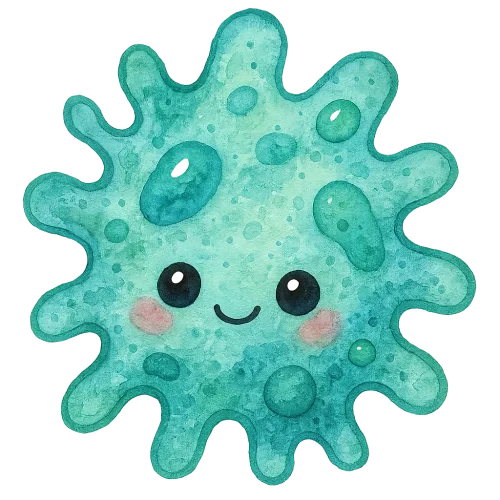 deep watercolor illustration of a cute amoeba with rich turquoise and mint pigments, wiggly body, floating organelles, expressive kawaii eyes, strong pigment variation, no text, no border, transparent background