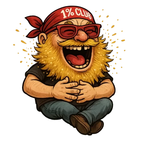 Same character as base prompt (golden explosion beard, red sunglasses, '1% Club' red bandana), now laughing hysterically with hands on belly, mouth wide open showing one missing tooth, golden beard particles flying, eyes squinted, legs crossed mid-air, transparent PNG.