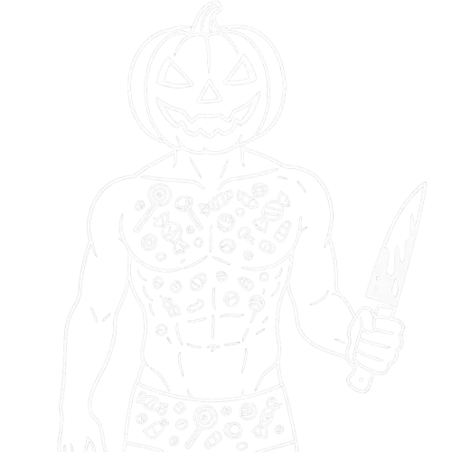 a white outline of a man with a pumpkin on the head, bare chest, abs, v-line, body covered in halloween candies, bloody knife in hand, transparents background