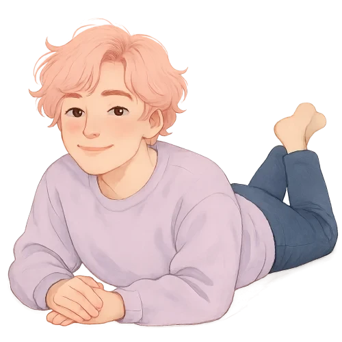 semi-realistic aesthetic illustration of a cute person resting on their stomach with their upper body lifted on their elbows, eyes open, gentle soft smile, pastel pink wavy hair, oversized pastel lavender sweatshirt, navy blue pants, cozy aesthetic, soft clean background, modern illustration style, high quality, not sleeping
