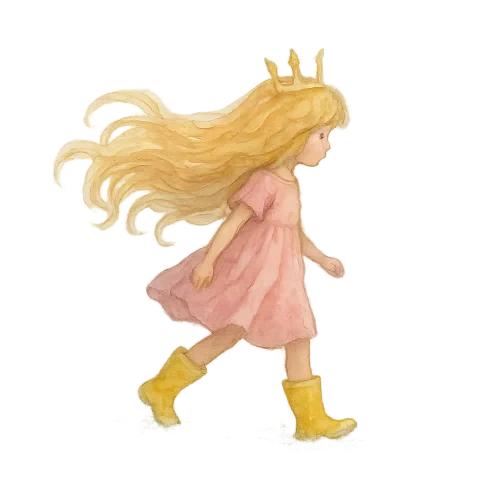 A young girl wearing a pink dress and yellow rain boots with flowing  blonde hair and delicate crown, tromping through snow in misty light, hand-painted watercolor style inspired by Child of Light, soft gradients, ethereal atmosphere, fantasy illustration, transparent background.