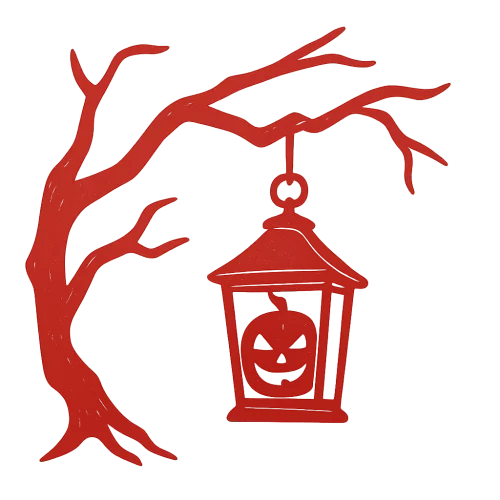 a red outline of a spooky halloween lantern hanging from a spooky looking branch