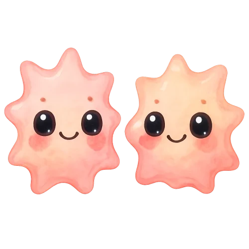 rich vibrant watercolor illustration, kawaii microbiology characters, full bodies clearly visible with extra space around them, centered composition, framed so characters occupy no more than 70% of canvas height, two cute platelet buddies shaped like soft irregular cell fragments with gentle rounded star-like edges, slightly squishy gelatin-like texture, soft pastel hematology palette (main colors warm petal pink and soft peach with gentle coral accent only), large glossy oval eyes, deep rich black pupils that are perfectly smooth, solid, and uniform (no watercolor texture, no noise, no grain), glassy finish with two clean reflective highlights in pale blue and pale pink (not white so they remain visible on transparent PNG), tiny dot eyebrows, small simple happy smiling mouths, subtle rosy cheek tint, soft diffuse watercolor shading, smooth clean outer silhouettes, crisp transparent cutout edges, no outer shading, no glow, no vignette, no background wash, no text, no border, transparent background