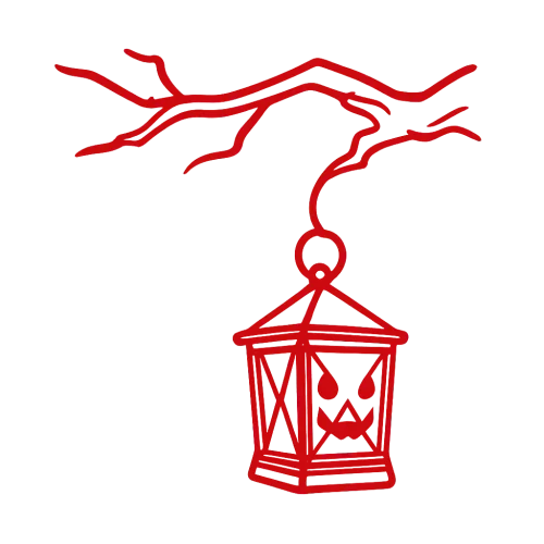 a red outline of a spooky halloween lantern hanging from a spooky looking branch from the side