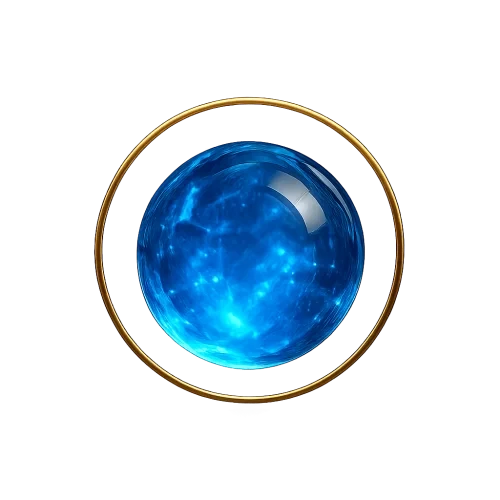 Small glowing crystal orb with golden halo, ultra-luxury, photorealistic, sapphire neon glow, centered, transparent background