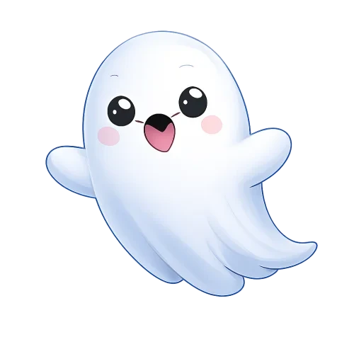 "A cute cartoon ghost character with mouth open like talking or surprised, transparent background, PNG