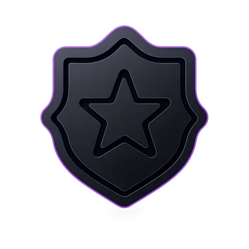 A premium, futuristic minimal icon symbolizing professionalism and excellence. Features a clean geometric star or badge shape with smooth curves and balanced symmetry. Neon purple highlights, dark gray and black tones, subtle glow and soft reflection. No background, transparent backdrop, isolated and minimal design for small-size website use. Simple, elegant, consistent with futuristic marketing visuals.