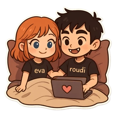 Cute cartoon couple, girl with orange hair and blue eyes wearing sweet black pijama of summer with "eva",  Beautiful boy with black hair and brown eyes vampire teeth wearing cute black pijama with "roudi", watching a film of love on Laptop in sweet bed at night, sweet couple sticker style, transparent background, 512x512
