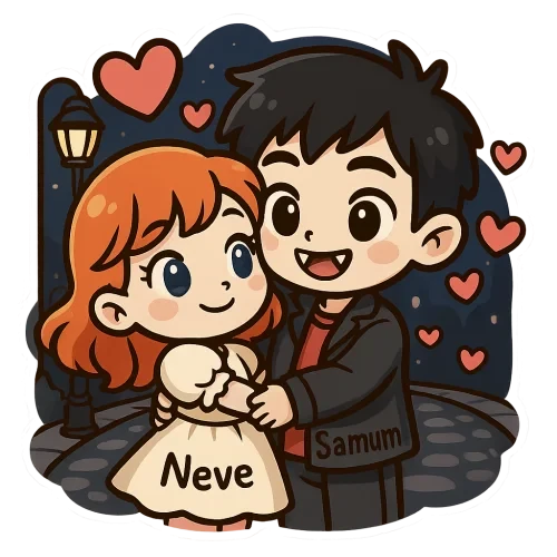 Cute cartoon couple, girl with orange hair and blue eyes wearing sweet dress with "Neve", boy with black hair and brown eyes vampire teeth wearing cuteoutfit with "Samum", have a hug in the street of hearts in the night, sweet couple sticker style, transparent background, 512x512