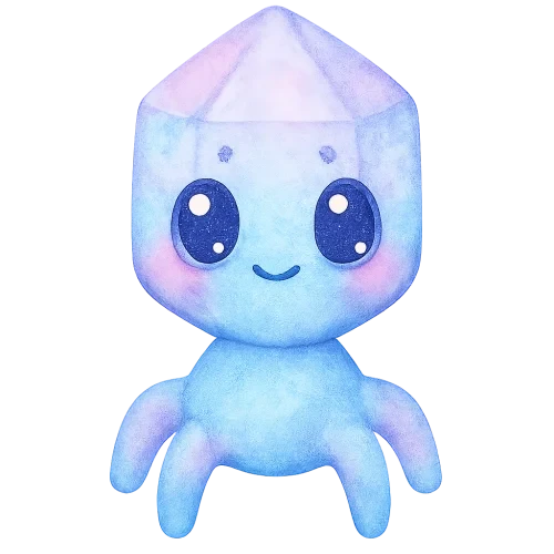 rich vibrant watercolor illustration, kawaii microbiology character, full body clearly visible from top to bottom, entire head fully in frame with extra space above it, centered composition, framed so the character occupies no more than 70% of canvas height, chubby bacteriophage with a rounded crystal-shaped head and short soft legs, soft pastel microbiology palette (main colors glacier blue and lilac with gentle periwinkle accent only), large shiny oval eyes with deep black pupils and oversized pale blue + pale pink reflective highlights (solid, non-white, remain visible on transparent PNG), tiny dot eyebrows, small simple smiling mouth, rosy cheeks, soft diffuse watercolor edges, smooth clean outer silhouette, crisp transparent edge, no outer shading, no vignette, no background wash, no text, no border, transparent background