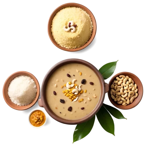 A photorealistic, highly detailed, image of a traditional South Indian Pongal setup, viewed from a slightly elevated angle, on a transparent background. The centerpiece is a new clay pot (pongal paanai) overflowing with freshly cooked Pongal, creamy and textured, with visible cashews, raisins, and a hint of ghee glistening on top. The pot is decorated with turmeric plant, sugarcane pieces tied around it, and mango leaves.  Around the pot, on a banana leaf, are offerings of: a small portion of Ven Pongal (savory Pongal) and a portion of Sakkarai Pongal (sweet Pongal), neatly arranged, a small bunch of bananas, betel leaves and nuts, a coconut broken in half, and a few pieces of sugarcane. Sunlight highlights the scene, creating a warm, festive glow, and delicate shadows. The image should be crisp and detailed, with accurate colors and textures. No background, floor, or any other element should be visible, only the Pongal pot and offerings on the banana leaf, detailed, uhd, 128k, clean line, artistic