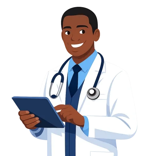 "Modern 2D flat vector illustration of a friendly Black male doctor wearing a white lab coat and a stethoscope, holding a digital tablet and smiling. Clean lines, minimalist aesthetic, vibrant professional colors. Isolated on a transparent background (PNG style), high resolution, healthcare concept for a website, 4k."