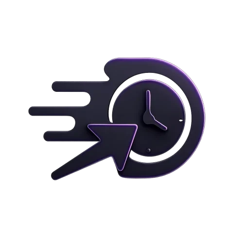 A premium, futuristic minimal icon symbolizing speed and efficiency. Features a stylized arrow or motion lines and a clock conveying fast movement. Simple geometric composition with smooth curved shapes, neon purple accents, dark gray tones, subtle glow and reflections. No text, no background, transparent backdrop, isolated vector-like design for website use. Clean, easy-to-read, minimal details for small-size visibility, consistent with futuristic marketing visuals.