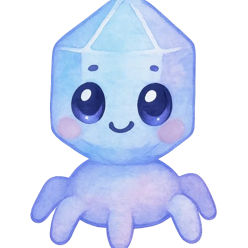 rich vibrant watercolor illustration, kawaii microbiology character, chubby bacteriophage with a rounded crystal-shaped head and short soft legs, soft pastel microbiology palette (main colors glacier blue and lilac with gentle periwinkle accent only, not full rainbow), large shiny oval eyes with deep black pupils and big pale blue + pale pink reflective highlights (non-white so they remain visible on transparent PNG), tiny dot eyebrows, small simple smiling mouth, rosy cheeks, soft diffuse watercolor edges, no text, no border, transparent background