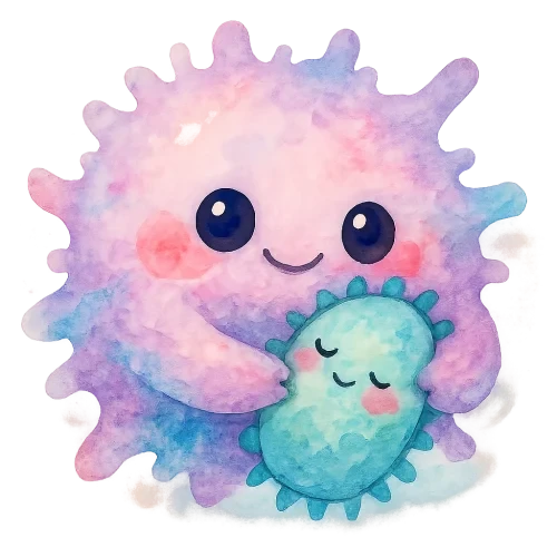 rich vibrant watercolor illustration, cute kawaii microbiology character, big fluffy macrophage nom-nom gently hugging a tiny pastel germ friend (wholesome, non-threatening), pastel lavender, mint, and cotton candy pink pigments, big shiny eyes, rosy cheeks, soft edges, no text, no border, transparent background