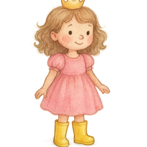 Whimsy pencil water color of a 5 year old princess wearing yellow rain boots and a pink dress. Transparent background