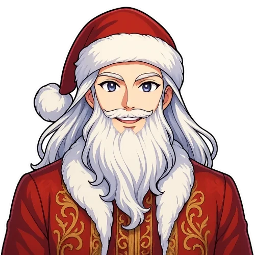 Handsome anime Santa Claus, upper body shot, full Santa hat and shoulders visible, facing forward, elegant face, expressive bright anime eyes, long silky white hair, well-groomed fluffy beard, luxurious red coat with golden embroidery, confident charming smile, vibrant colors, clean detailed lineart, fantasy anime illustration, high-resolution 3000x3000 px, sticker-friendly composition, transparent background Filename: SantaAnime_Front.png