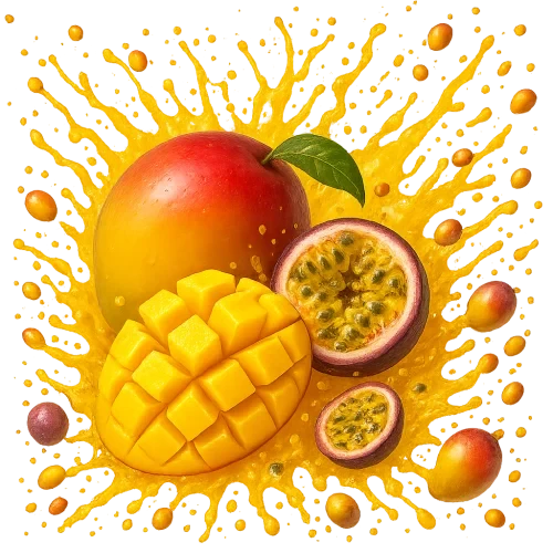 generate spash image of mango and passion with more spash and tiny fruits everywehre
