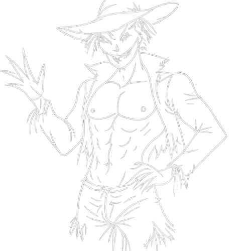 a white outline of a spooky, sexy male scarecrow