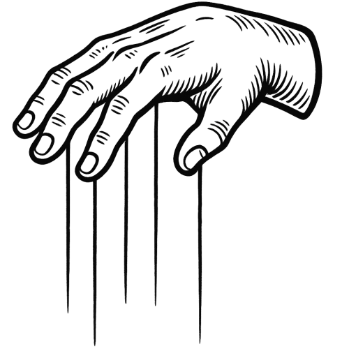 A hand illustrated in a black drawing style, with thick black outlines. Long, thin threads are tightly stretched and hanging from each of the five fingers. High-quality image with fine edges and clear artistic drawing style. No background, in PNG format.