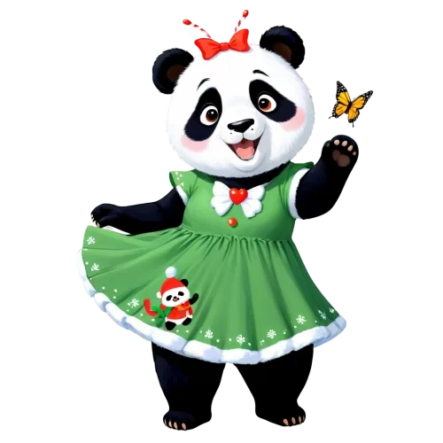 some butterfly flying around a panda who dress merry chrismas dress, full of funful and joyful