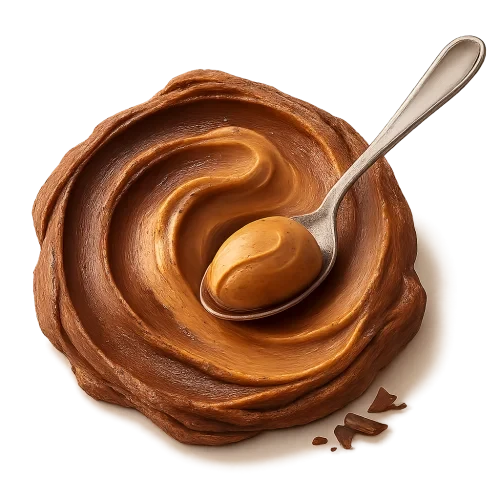 A realistic, appetizing swirl of chocolate peanut butter in rich cocoa-brown and warm nutty tones. The swirl must look natural and hand-scooped — with soft uneven ridges, gentle peaks, and organic flowing curves (NOT a perfect circle). The peanut butter should look thick, creamy, and luscious with a velvety smooth surface and natural glossy highlights, showing soft light reflections on the peaks and deeper shadows in the folds.   Place a shiny stainless-steel spoon **resting on the swirl**, not dipped in, with a small, elegant scoop of the chocolate peanut butter sitting on the spoon. Add a few small, subtle chocolate pieces or delicate chocolate shavings near the base — elegant and minimal. Soft warm studio lighting for a cozy premium feel. Include a soft natural shadow beneath to make the swirl and spoon appear resting on the label surface.  **Transparent PNG**, no background, no bowl, no table. Centered composition, photorealistic, artisan food photography style.  **Do NOT:** make the swirl perfectly circular, too smooth like frosting, or symmetrical.
