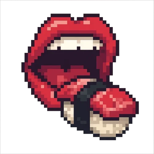 pixel art 8-bit style, a piece of tuna sushi positioned in front of a large open sexy mouth in the same pixel art style, ready to be bitten, transparent background, square icon format