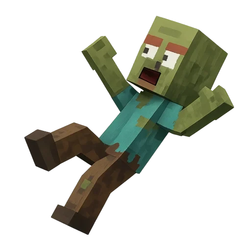 A Minecraft-style zombie villager, blocky and pixelated, side view, mid-fall backwards with arms flailing and one leg bent. Hands are cube-shaped like Minecraft, no fingers at all. Wearing tattered clothes, a surprised expression, and no hair. Sharp and clean, no motion blur, no shadow. Fully consistent with Minecraft’s blocky textures. Bright, even lighting, transparent or white background. Emphasize Minecraft blocky style, cube hands only, no fingers anywhere.