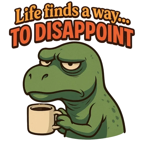 Create an annoyed and depressed Dinosaur sipping coffee with the caption "life finds a way. . . To disappoint with the words having a flashy font and color