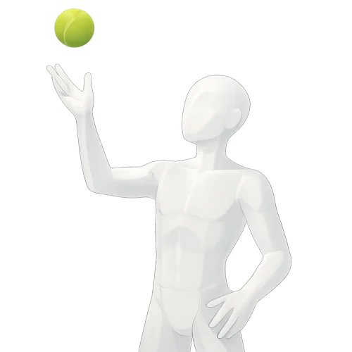 a white/transparent dummy man figure throwing a tennis ball into the air
