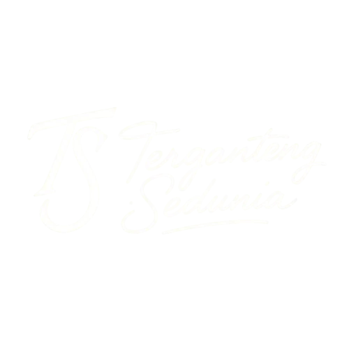 Create a transparent PNG signature with the text "Terganteng Sedunia" in elegant, flowing italic lettering. Make the style artistic, unique, and premium. On the left side, add a stylized monogram “TS” designed like a distinctive, iconic logo — bold, creative, and eye-catching, with a unique shape that feels custom-made. Apply a soft glow effect around both the monogram and the signature so the design looks clear, luminous, and standout. Keep everything clean, smooth, and professional. No background. Transparent PNG output.