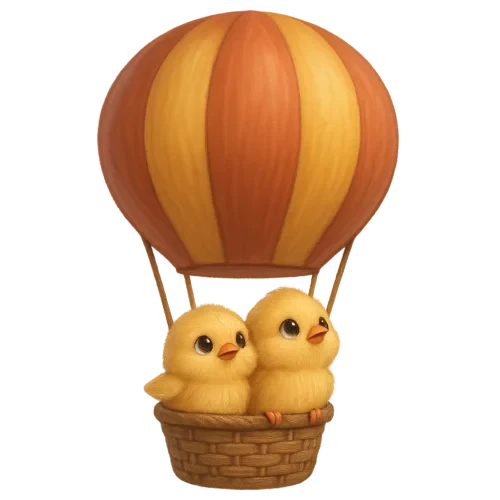 On a transparent background Realistic and animated style Two small 3D chicks, realistic and animated They are in a hot air balloon and looking at the sky. They are cute