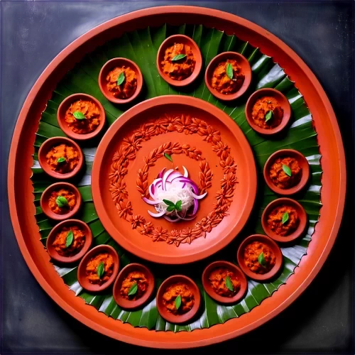 A photorealistic, highly detailed, a traditional terracotta clay plate, top-down view. The plate is generously filled with authentic Bengali New Year (Pahela Boishakh) food. The centerpiece is Panta Bhat, fermented rice, glistening and moist, with a few whole green chilies and a slice of red onion on top. To the side, there is a fried Ilish Mach (Hilsa fish) piece, golden brown and crispy, with detailed scales and fins visible. The plate is also filled with an assortment of traditional Bengali sweets like multiple pieces of sandesh, roshogolla, and chomchom in different colors and shapes, all slightly glistening. The plate should have traditional Bengali terracotta patterns etched along the rim, showing wear and tear. The image should have soft, natural lighting highlighting the textures of the food and plate, creating a warm and inviting atmosphere. No other elements should be present, only the food-filled plate. detailed, highly sharp, clear, clean line, artistic, eye catching, very attractive, 128k extremely realistic,  uhd.