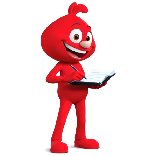 a red cartoon  character  writeing  in  a notebook