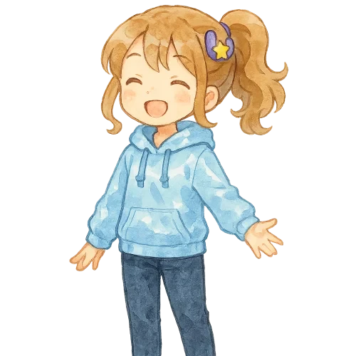 > a watercolor illustration of a cheerful young girl with wavy ponytail hair, wearing a light blue shiny hoodie and dark pants, violet U-shaped hair clip with a golden star. anime-style soft watercolor look. white transparent background, no scenery, full body, 16:9 composition