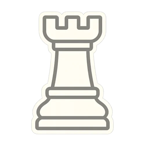 A flat, two-dimensional vector icon of a chess ROOK piece, drawn in off-white color with no background. The design should be minimalistic, clean, and sticker-style, with smooth lines and no extra details.
