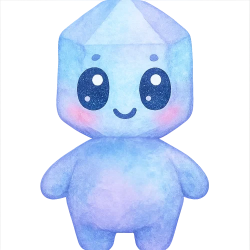 rich vibrant watercolor illustration, kawaii microbiology character, full body visible, centered composition, chubby bacteriophage with a rounded crystal-shaped head and short soft legs, soft pastel microbiology palette (main colors glacier blue and lilac with gentle periwinkle accent only, not full rainbow), large shiny oval eyes with deep black pupils and oversized pale blue + pale pink reflective highlights (solid, non-white, remain visible on transparent PNG), tiny dot eyebrows, small simple smiling mouth, rosy cheeks, soft diffuse watercolor edges, smooth clean outer silhouette, no outer shading, no vignette, no background wash, no text, no border, transparent background